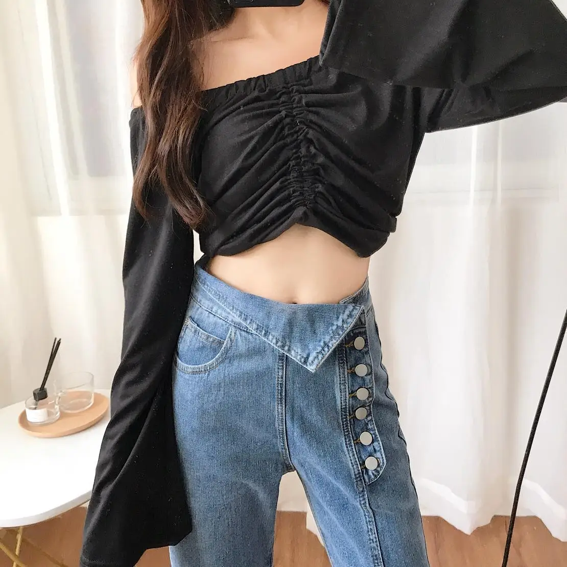 LANMREM/2018 г. Новая мода небрежно облепимая высокая талия джинсовые расклешенные