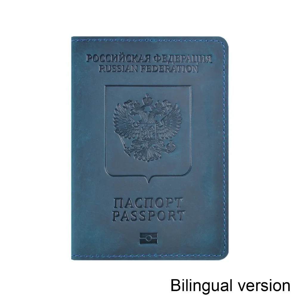 Blue Bilingual 50 шт./лот 10x14 см Натуральная кожа Обложка для паспорта для Российской Федерации Crazy Horse кожа двуязычный чехол для паспорта - Цвет: Blue Bilingual