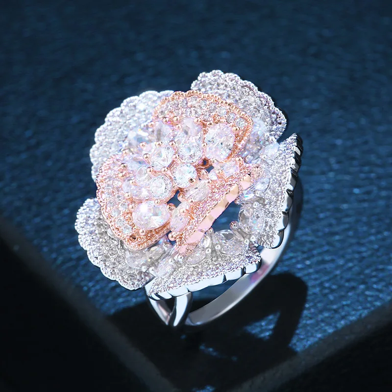 Брендовые большие кольца OCESRIO в виде цветка камелии с кубическим цирконием CZ