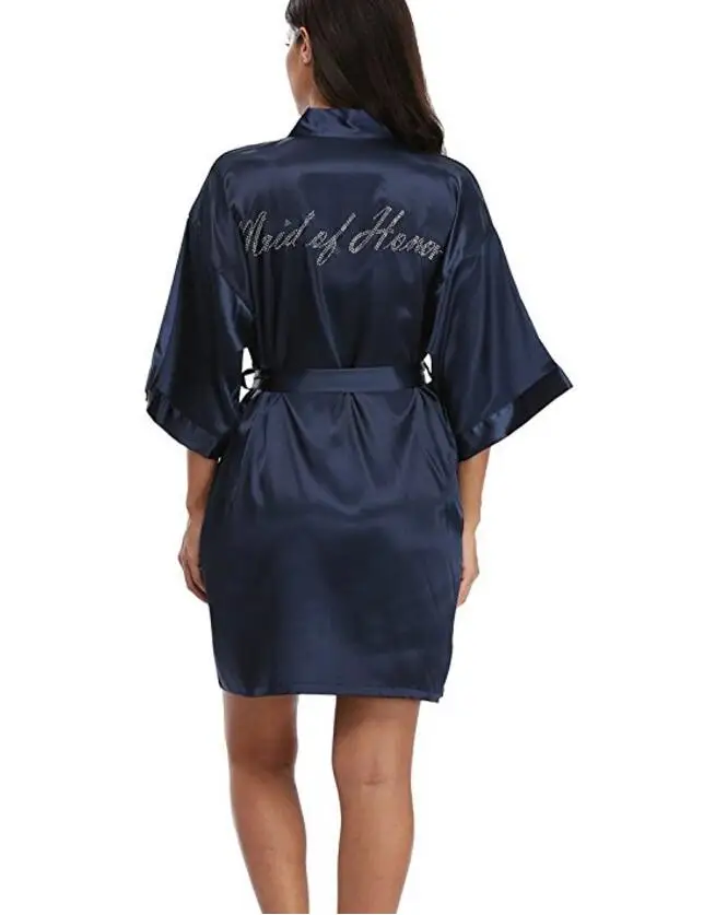 navy Maid of Honor Модный Шелковый халат для невесты, сексуальное женское Короткое атласное свадебное кимоно, ночная рубашка, женский халат, пижама - Цвет: navy Maid of Honor