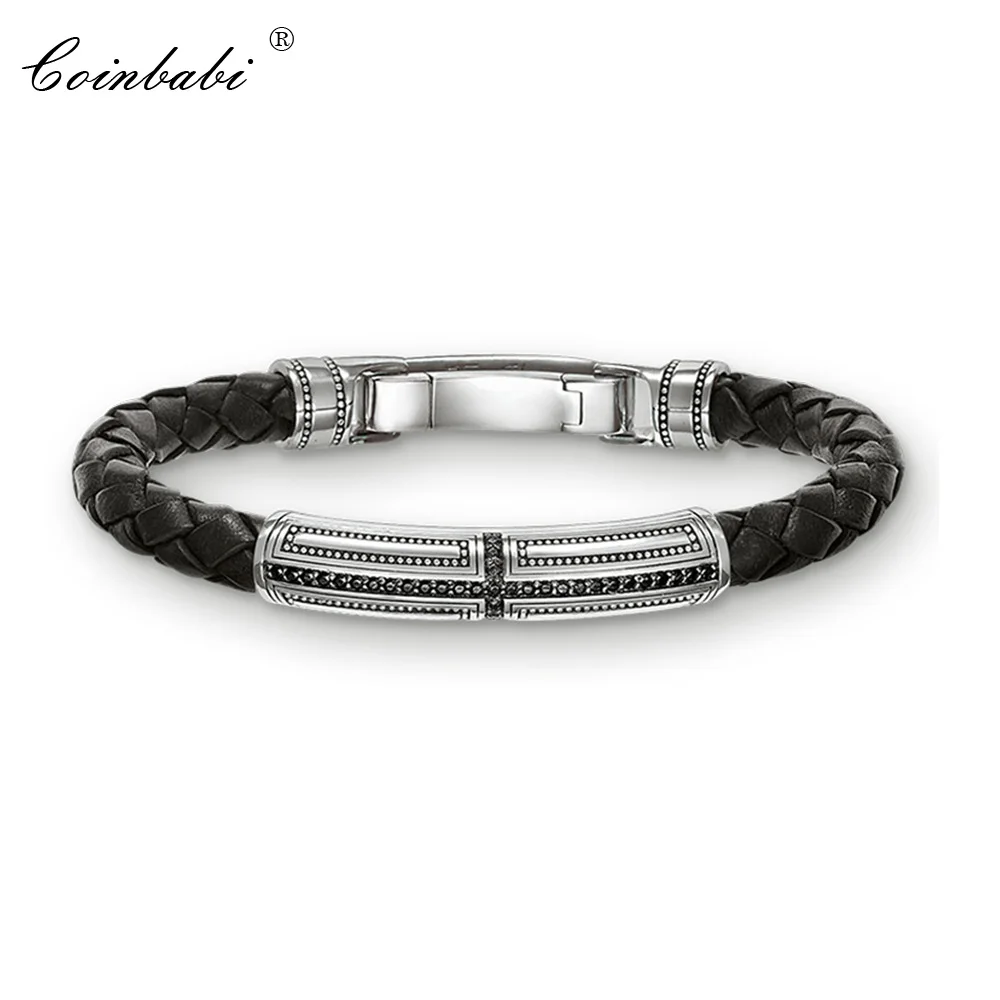 Кожаный браслет для мужчин с черным перекрестным креплением Sharp 925 стерлингового