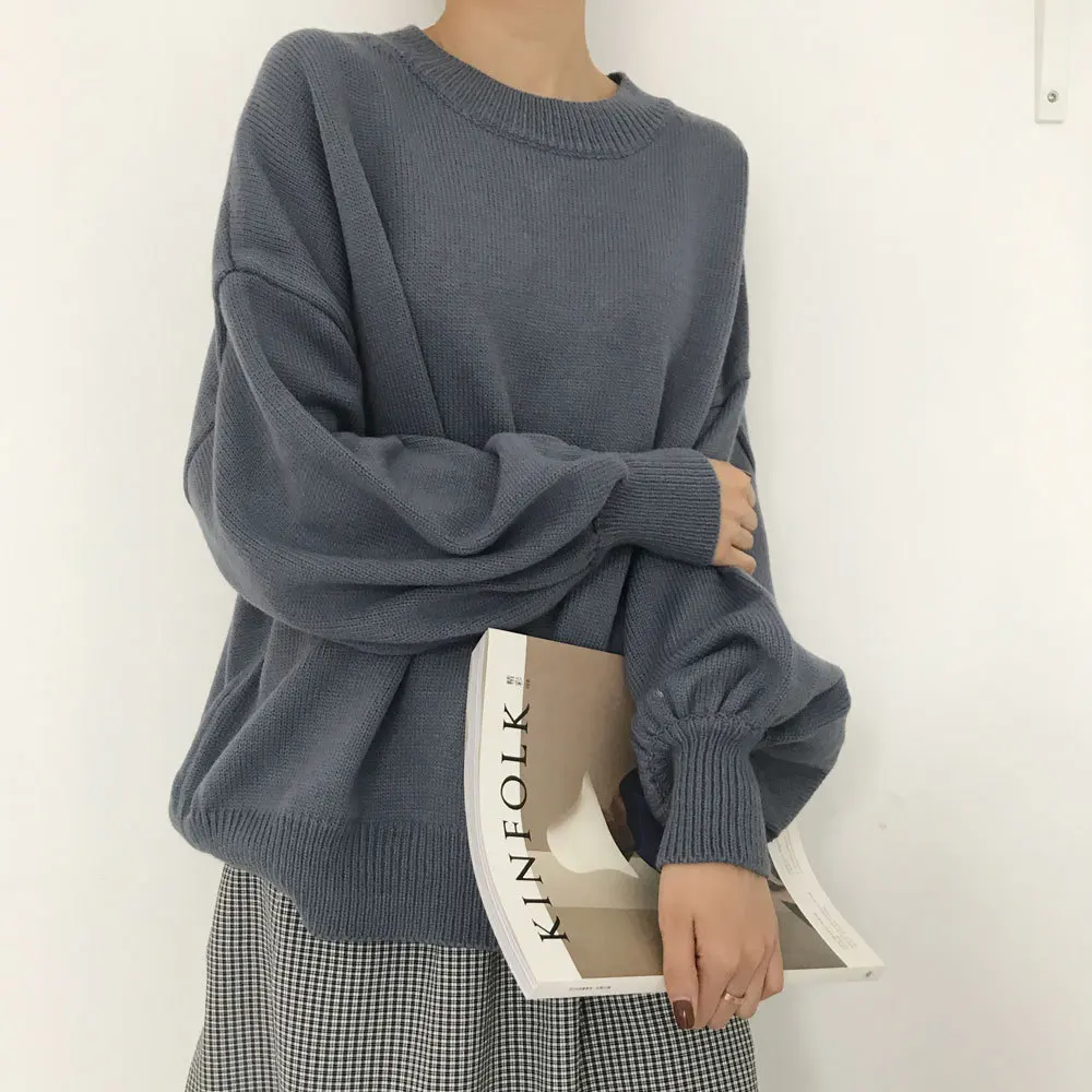 Korean Style Women Pullovers Sweater 2017 Winter New Retro Lantern Sleeves Loose Solid Color Round Neck Wild Knit Tops | Женская одежда