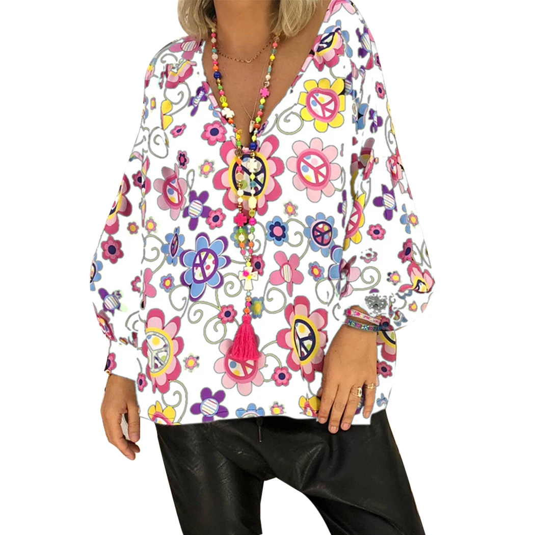 Осенняя Женская Бохо С v образным вырезом Свободная блузка Топы 5XL 2018 Модная