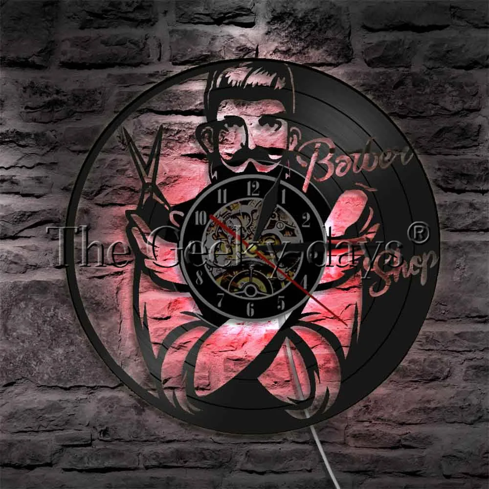 Парикмахерская светодиодный освещение Виниловая пластинка настенные часы