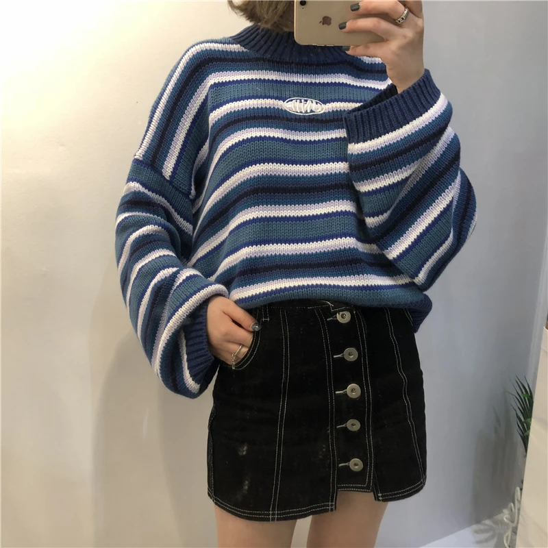 Женские свитера Kawaii Ulzzang свободный толстый полосатый студенческий свитер