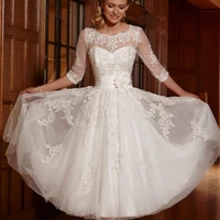 2016 a line elegant scoop half sleeve sequins appliques knee length bridal dresses vestido de noiva white short wedding dresses