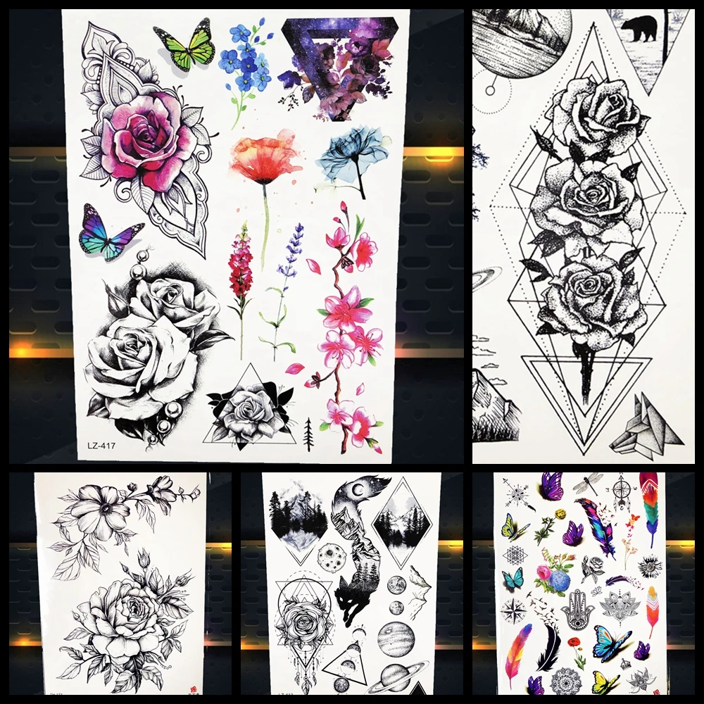 

Fashion Sexy Watercolor Rose Flower Temporary Tattoo Sticker Flora Women Body Art Plum Blossom Waterproof Fake Men Black Tatoos