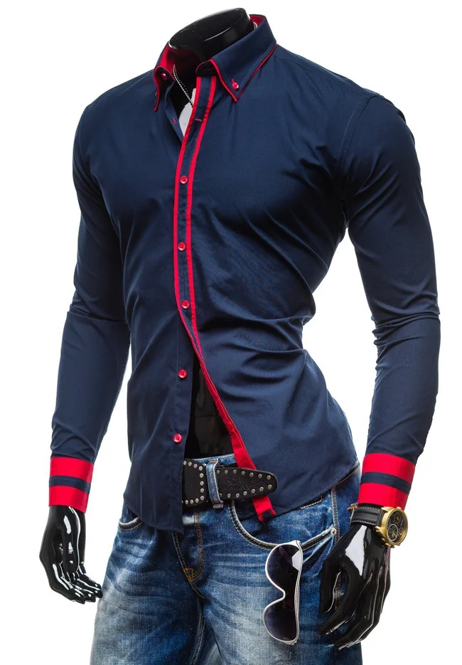 2017 Новый бренд ленты манжеты контрастного цвета мужские рубашки с длинным