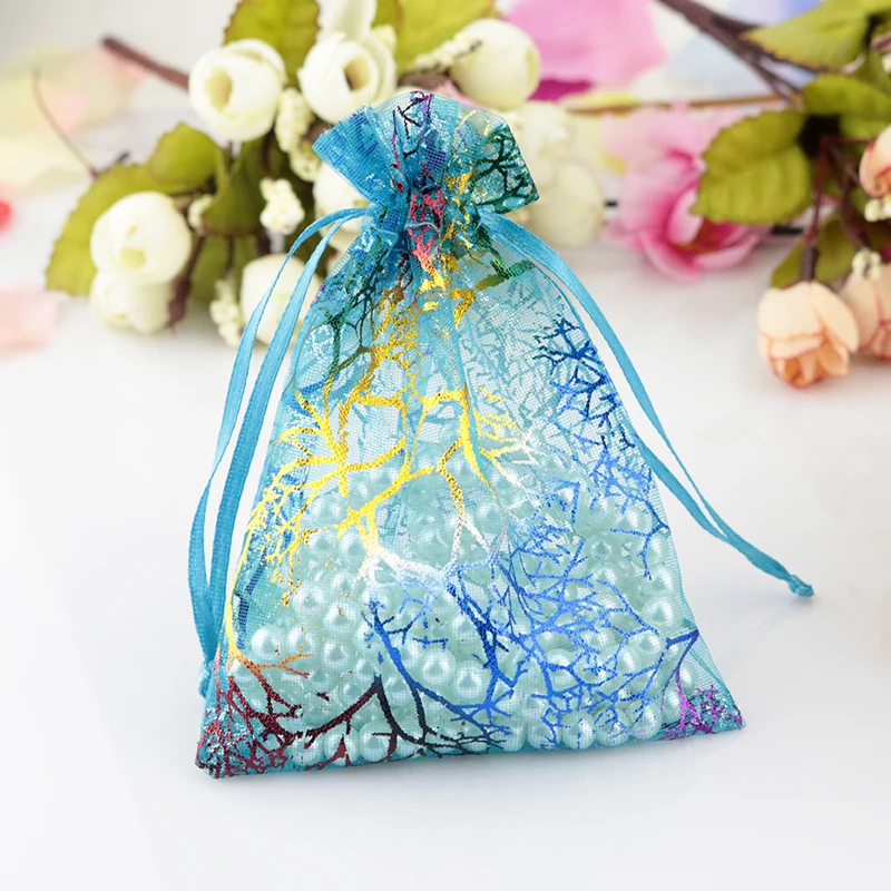 

New 20Pcs 9X7cm White Blue Coralline Organza Jewelry Pouch Wedding Party Favor Gift Bag Hot Packaging Pouches Bags For Display