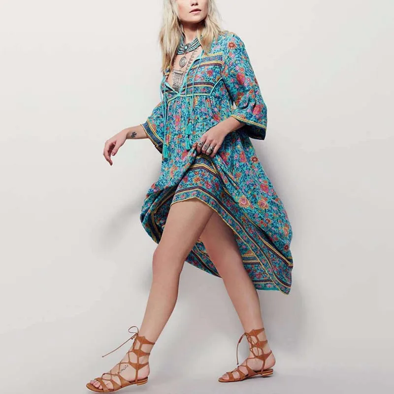 Spring Summer Fashion Lady Sexy Deep V-neck Half sleeve Split Dress Bohemian Printed Maxi plus size beach dress vestidos | Женская