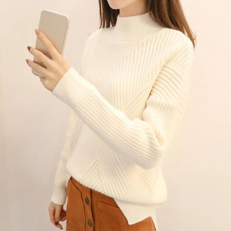 High collar Knit Cashmere Sweater Women Large size Loose Sweaters Spring New 2018 Fashion Warm Bottom Female Slim LY1263 | Женская