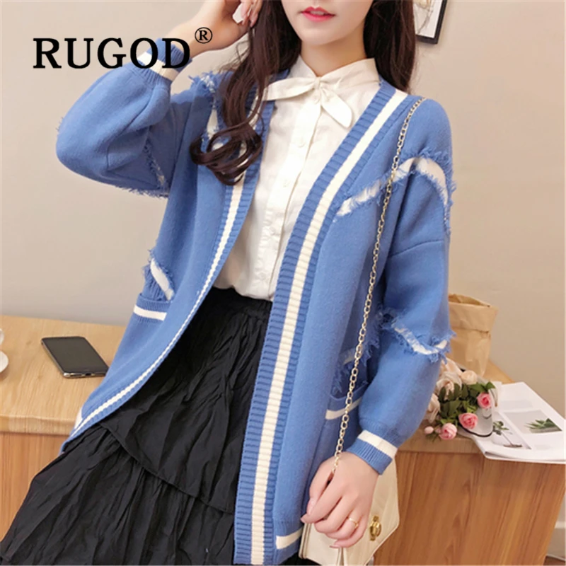 RUGOD Korean ins popupar women knitted cardigan sweater Elegant lantern sleeve open stitch streetwear Oversized tassel coat |