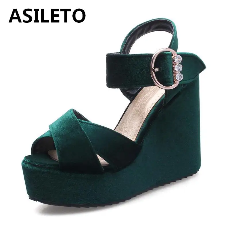 ASILETO wedges Sandals women Platform shoes High Heels Ankle Strap flock Ladies peep toe footwear sandalia sandales green S412|sandals for|sandals