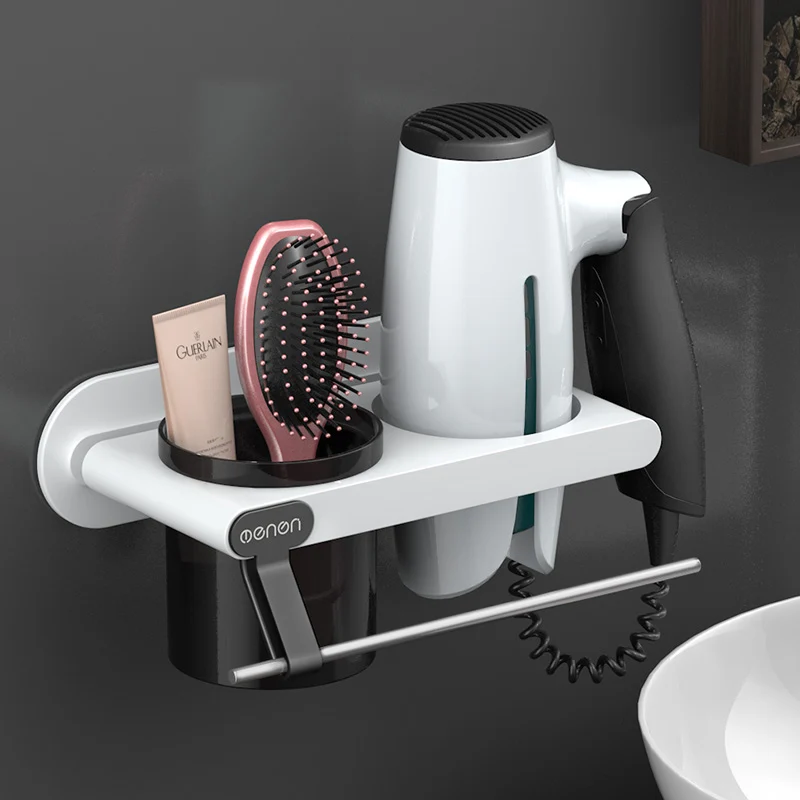 White2 UNTIOR Plastic Hair Dryer Holder with Storage Cup Wall Mount Hair Dryer Shelf Storage Nail Free Bedroom Bathroom Accessories Set - Color: White2