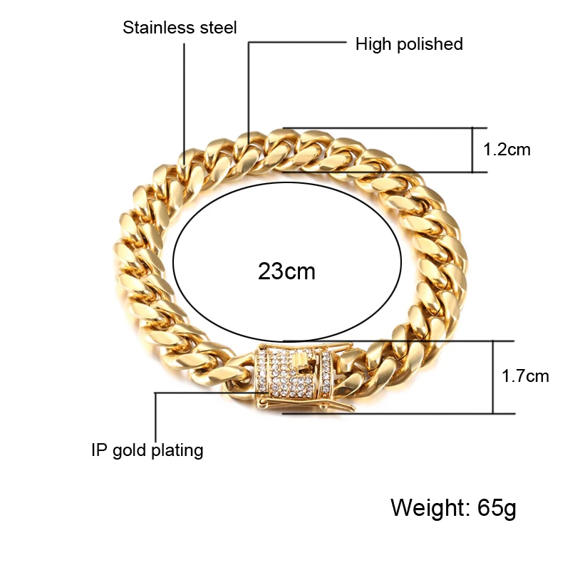 12mm 23cm Хип-хоп, Мужская цепочка, рок браслет, Bling Iced Out, стразы, застежка, золотой цвет, нержавеющая сталь, кубинская цепочка, браслеты, ювелирные изделия - Окраска металла: 12mm 23cm