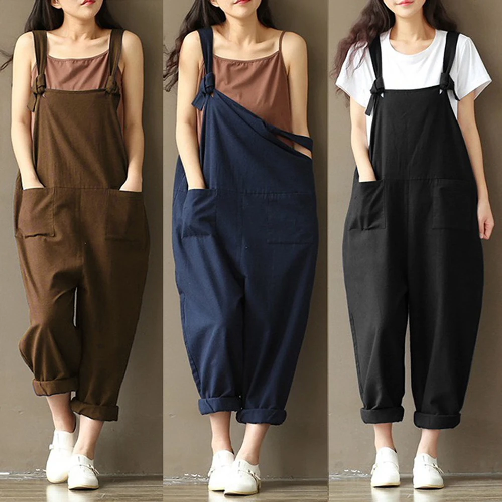 Комбинезон женский длинный на бретельках с карманами из хлопка и льна 2018 |