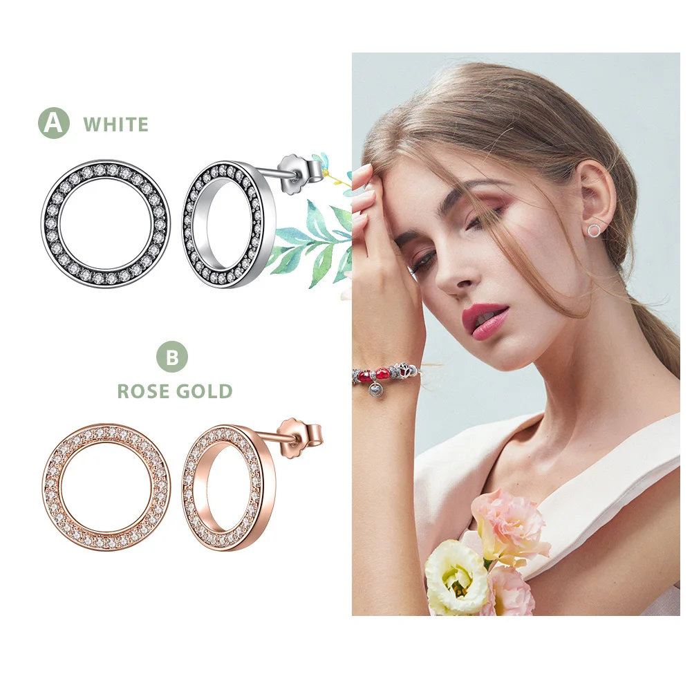 BAMOER Forever Clear CZ 925 пробы серебряные круглые серьги-гвоздики с CZ ювелирное изделие подарок Oorbellen Bijoux PAS437