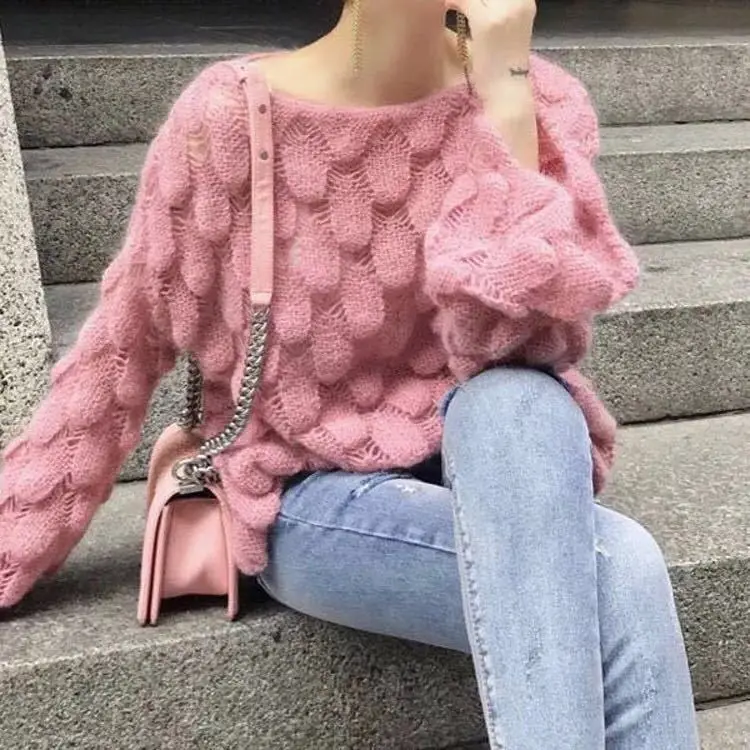 Мягкий мохеровый тонкий ажурный вязаный свитер Harajuku весенний красный модный
