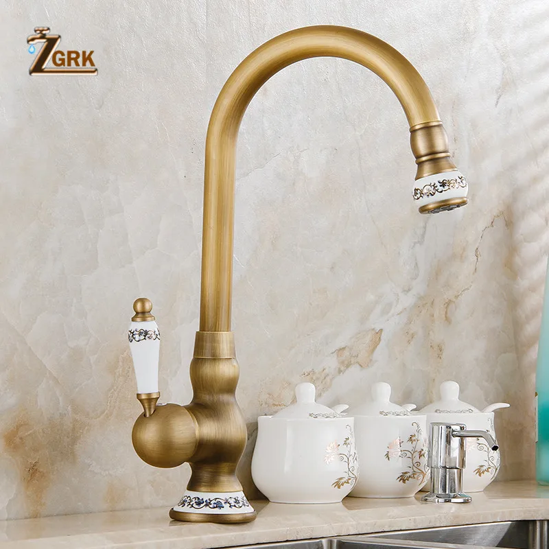 zgrk kitchen faucets deck mounted mixer tap 360 degree crane antique brass kitchen faucet rotation spray mixer tap free global shipping