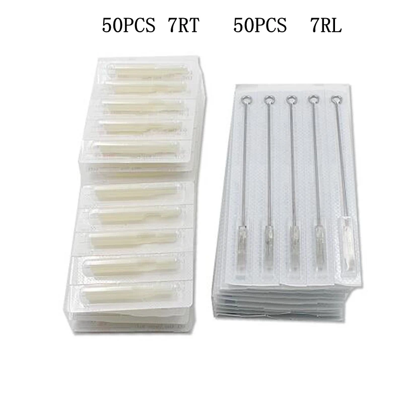 7RL+ 7RT 50 шт одноразовые иглы для татуировки и 50 шт подходящие наконечники для татуировки иглы с белыми черными наконечниками набор наконечников для татуировки