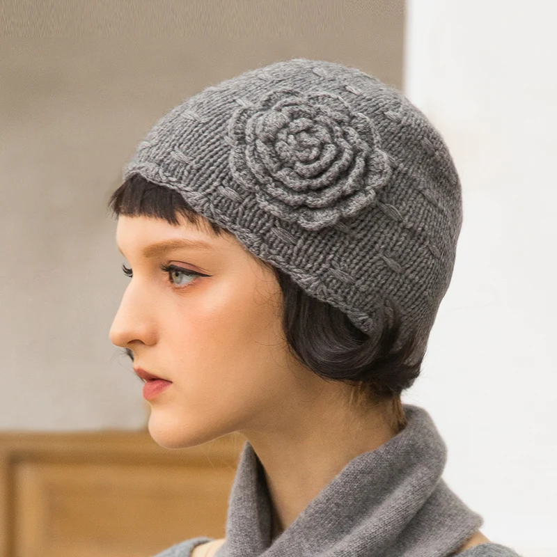 

Hand-knitted Flower Wool Skullies Cap Autumn Winter Korean Women Beanie Hat Ladies Sweet Lovely Warm Soft Beanies Hats H6769