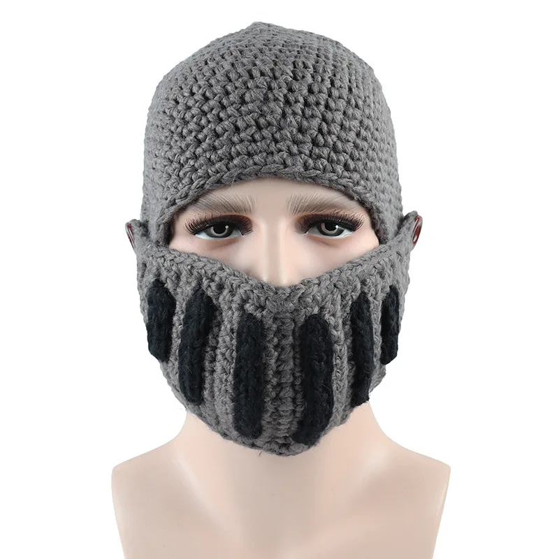 Dark Gray Wuaumx Новинка Римский Шлем зимняя шапочка шапки для мужчин теплая маска рыцарский шлем вязаная шапка ручной работы маска гладиатора шапка czapka zimow - Цвет: Dark Gray