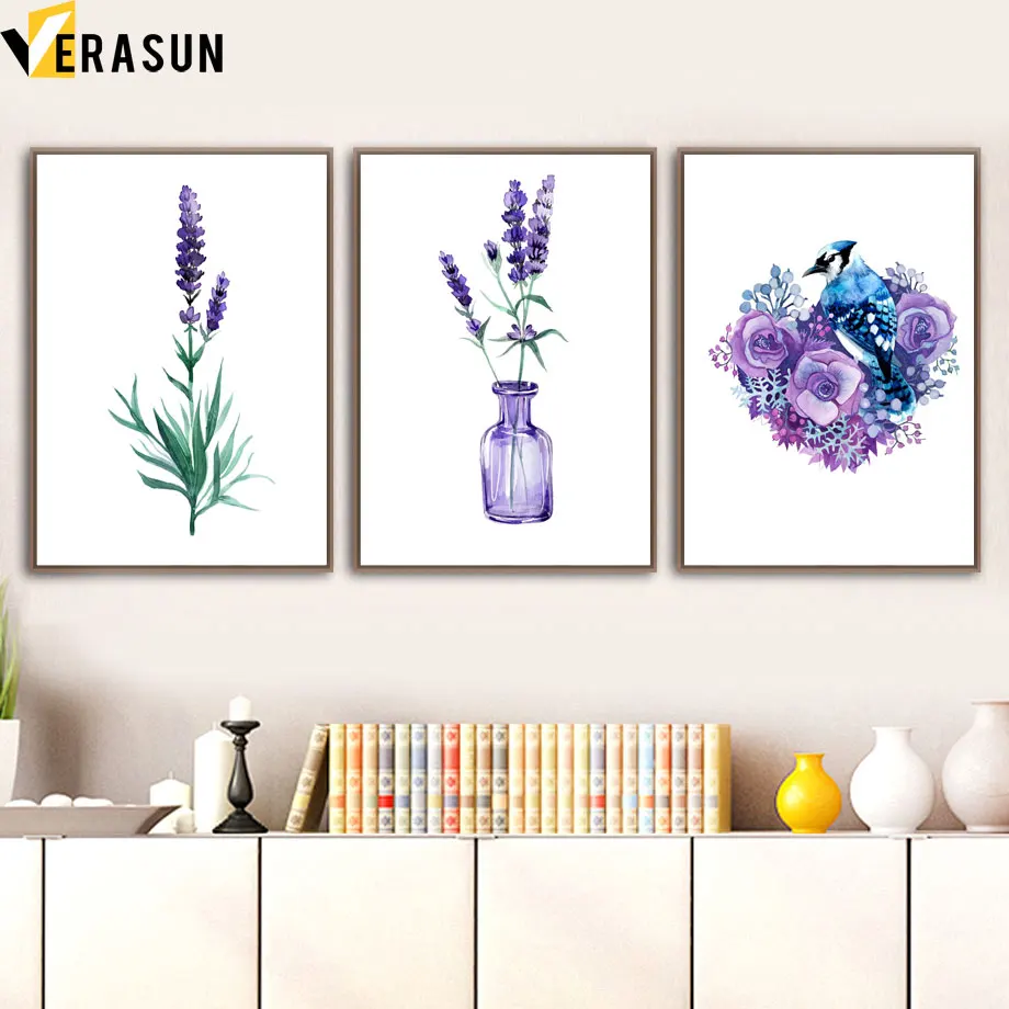

Purple Lavender Flower Plant Leaf Bird Wall Art Canvas Painting Nordic Posters And Prints Wall Pictures For Living Room Decor