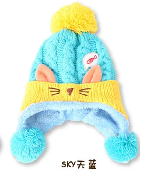 Winter Baby Hats Ball Hat Thick Warm Knitted Boy Girl Cap Protect The Ears Beanies Cartoon Ear Toddler H030S | Детская одежда и