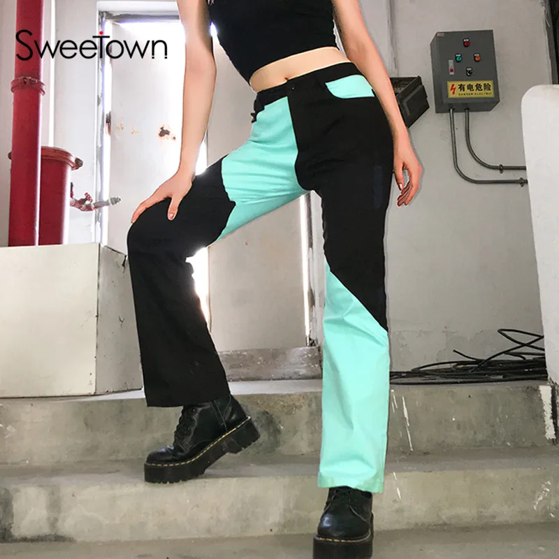Sweetown контраст Цвет Лоскутные расклешенные брюки Для женщин уличная полной длины уличный стиль Высокая Талия штаны осень-зима