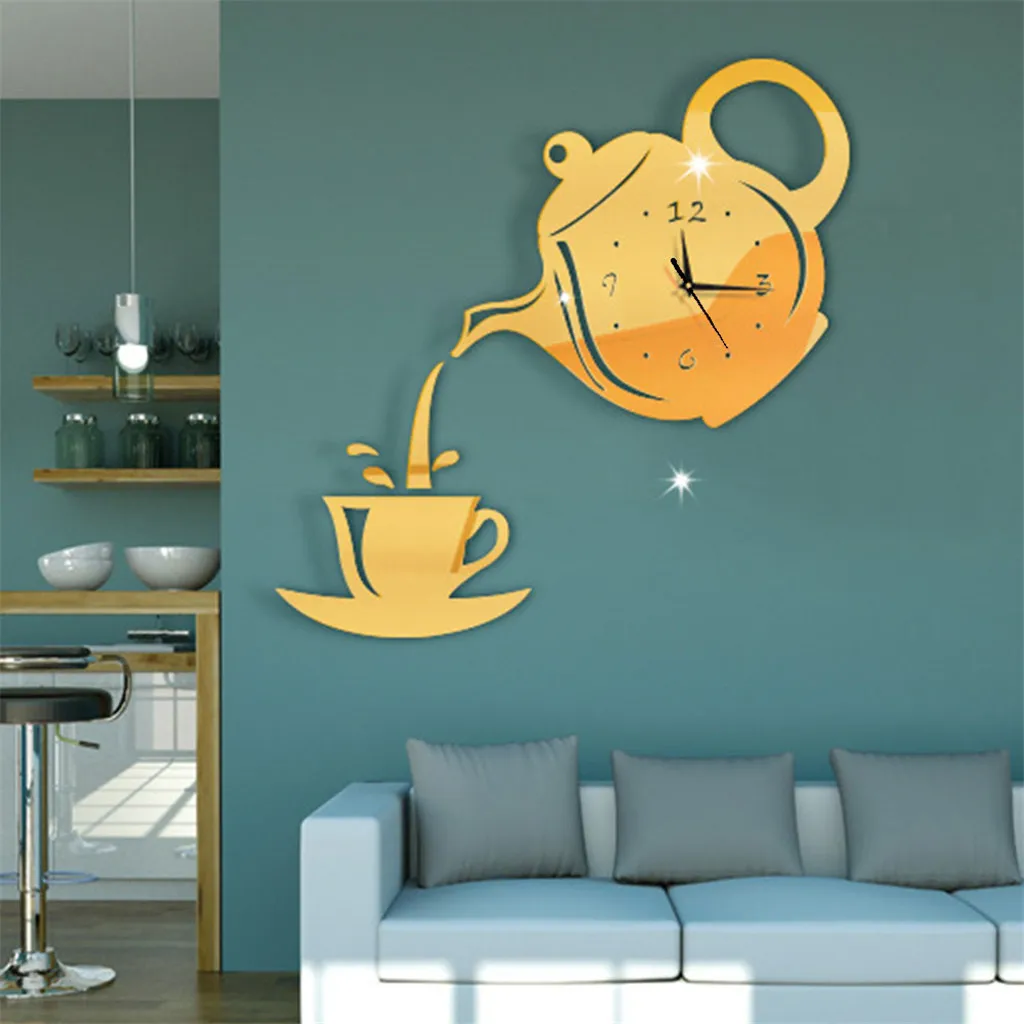 Wall Sticker DIY Modern 3D Kettle Teacup Mirror Acrylic Clock Home Office Interior Black Decoration 19June13 P30 | Дом и сад