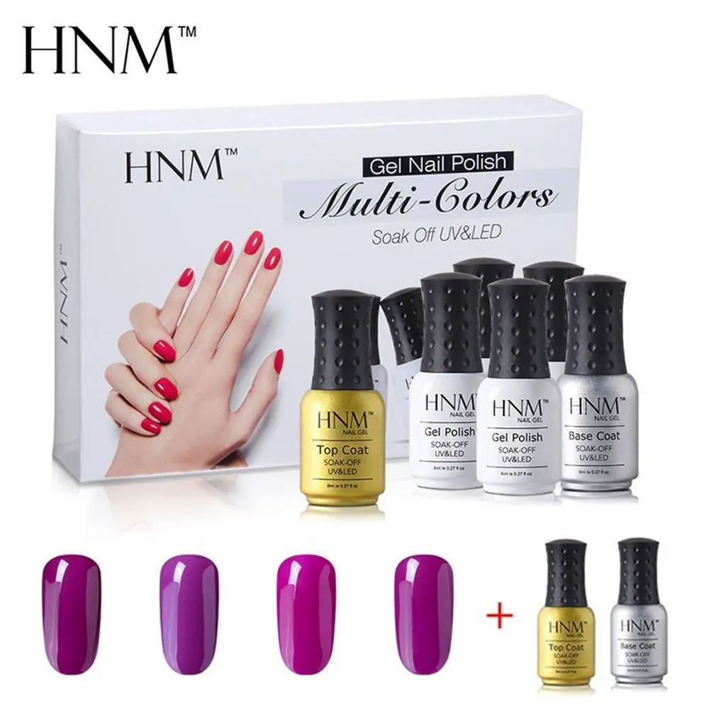 purple set 003 HNM 8 мл 4 шт. Чистый Цвет гель для ногтей 1 шт. Базовый Топ Подарочная коробка набор маникюрных инструментов для ногтей Полупостоянный гель лак для ногтей набор - Цвет: purple set 003