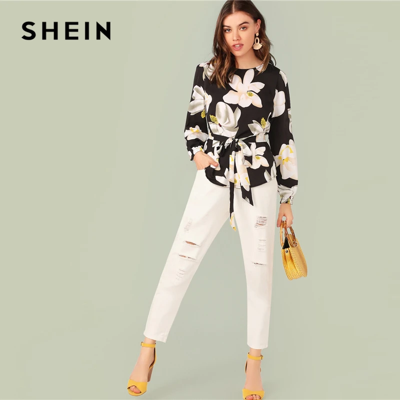 SHEIN блуза с цветочным принтом и закругленным подолом, с поясом, с рукавом Бишоп, элегантная, с поясом, весна-осень, блуза с круглым вырезом