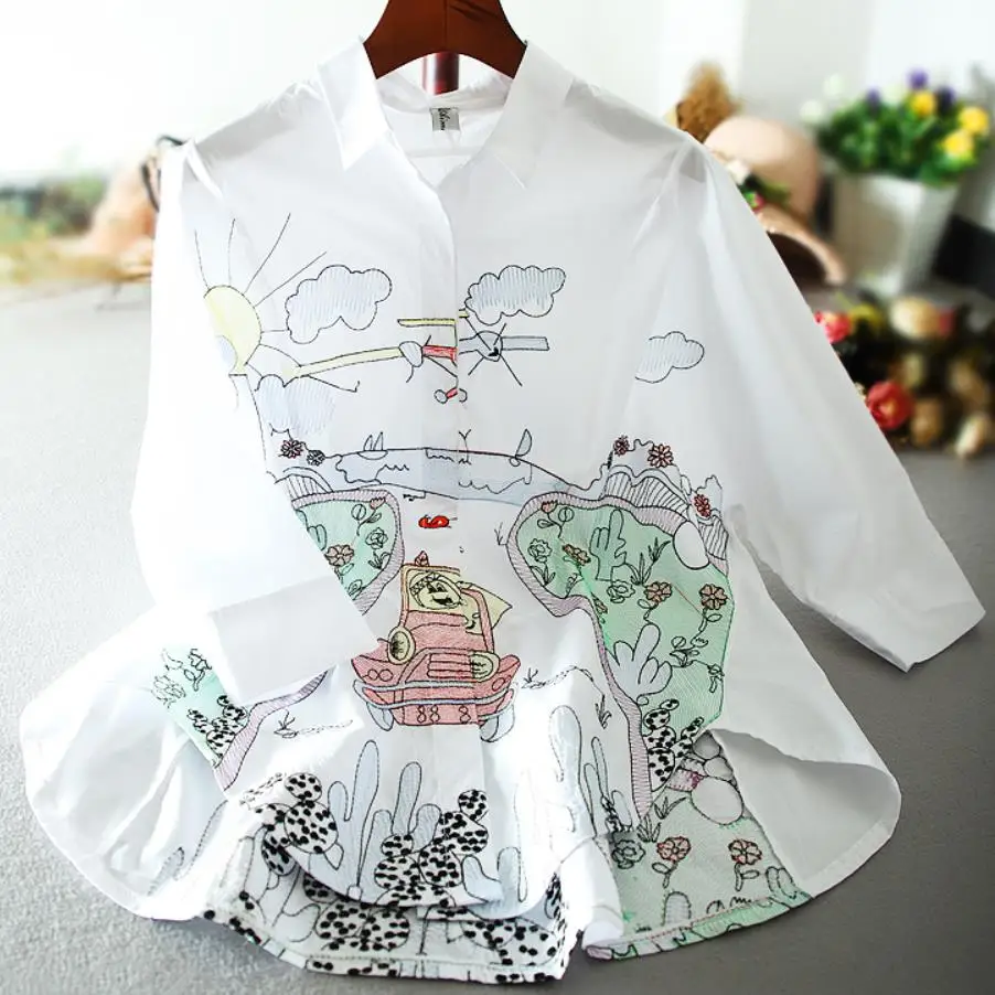 

Embroidered flower heavy work loose printed blouse women fashion casual bat sleeve loose top shirt