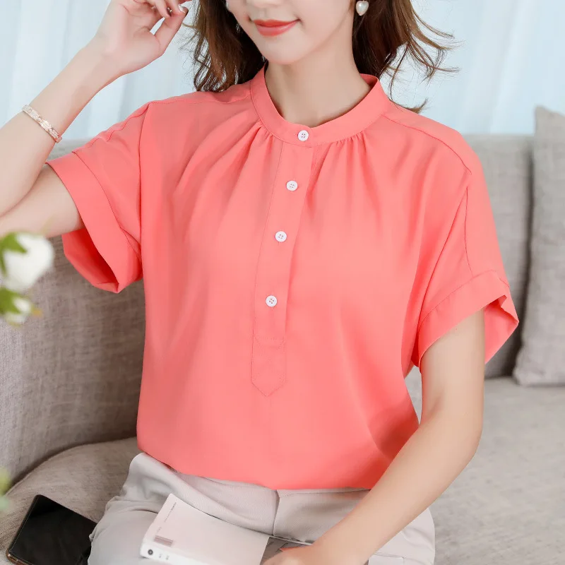 

Korean Womens Chiffon Blouse Elegant Office Buttons Short Sleeve Shirts Summer Blouse 2019 Streetwear Green Top Blusas Plus Size