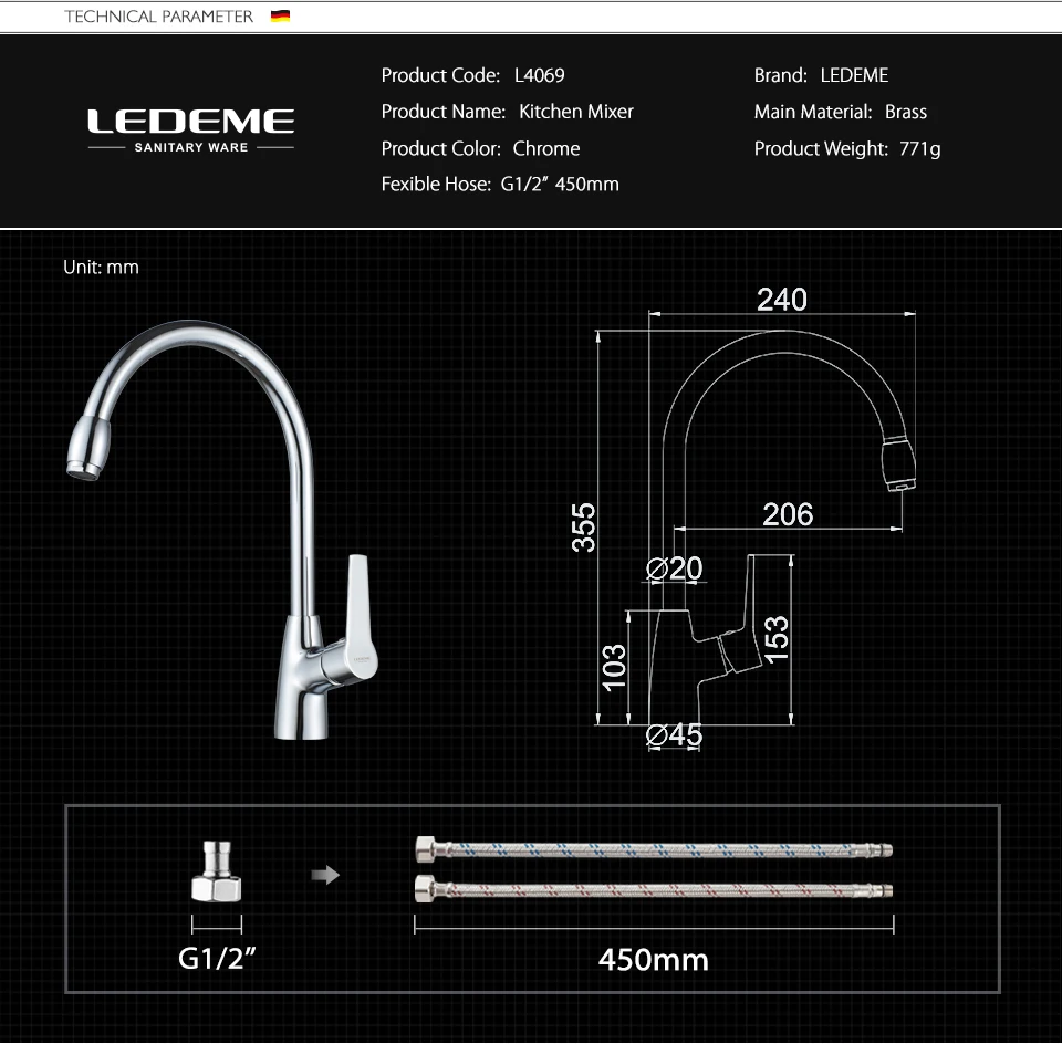LEDEME, кухонный кран, хром, полированный, с одной ручкой, для раковины, смеситель для воды, Твердый латунный, классический, простой, для кухни, Смесители L4069