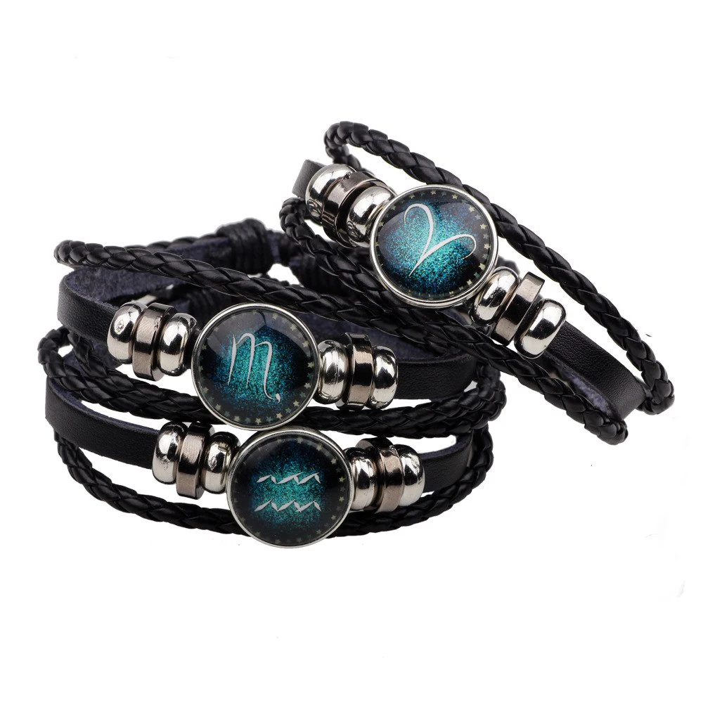 

12 Constellation Lucky Bracelet Handmade Braided Punk Multi Layer Wrap Leather Paracord Women Fashion Charm Bracelet For Men