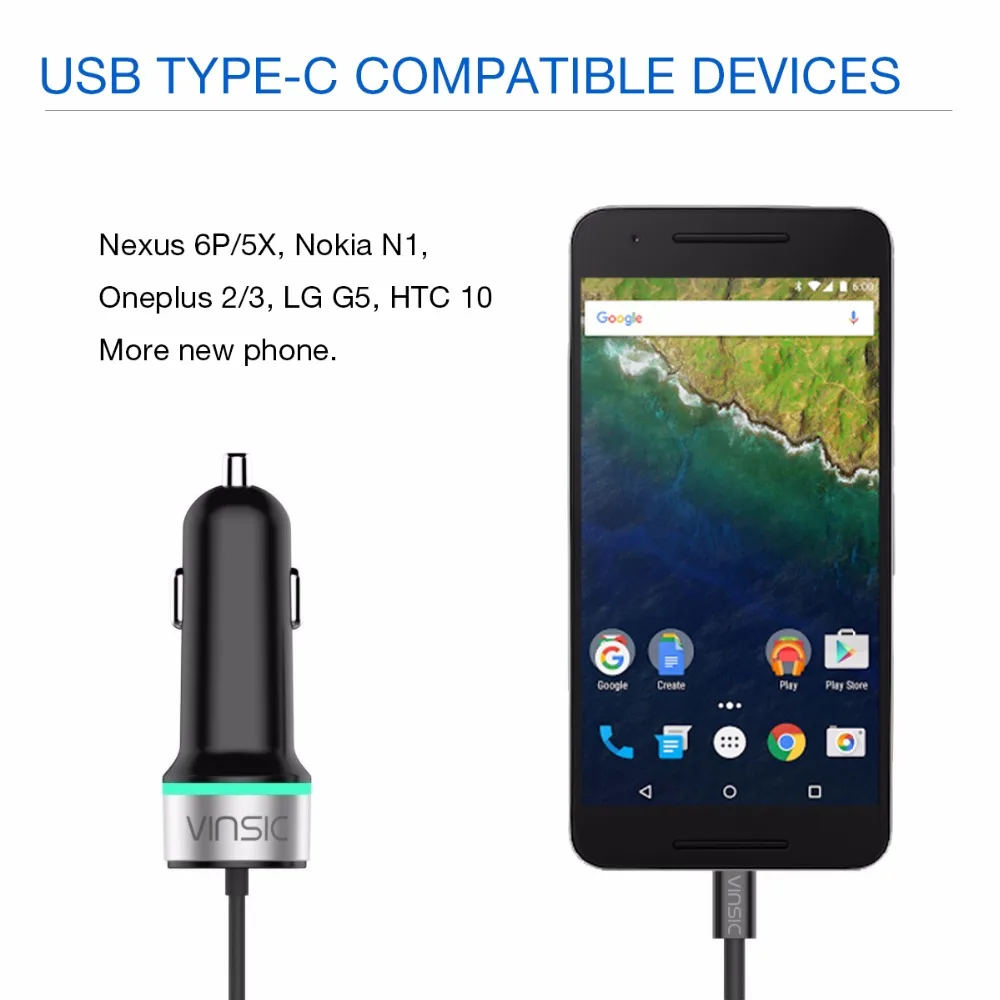 Vinsic Type-C автомобильное зарядное устройство 27 Вт двойной USB 1 м кабель
