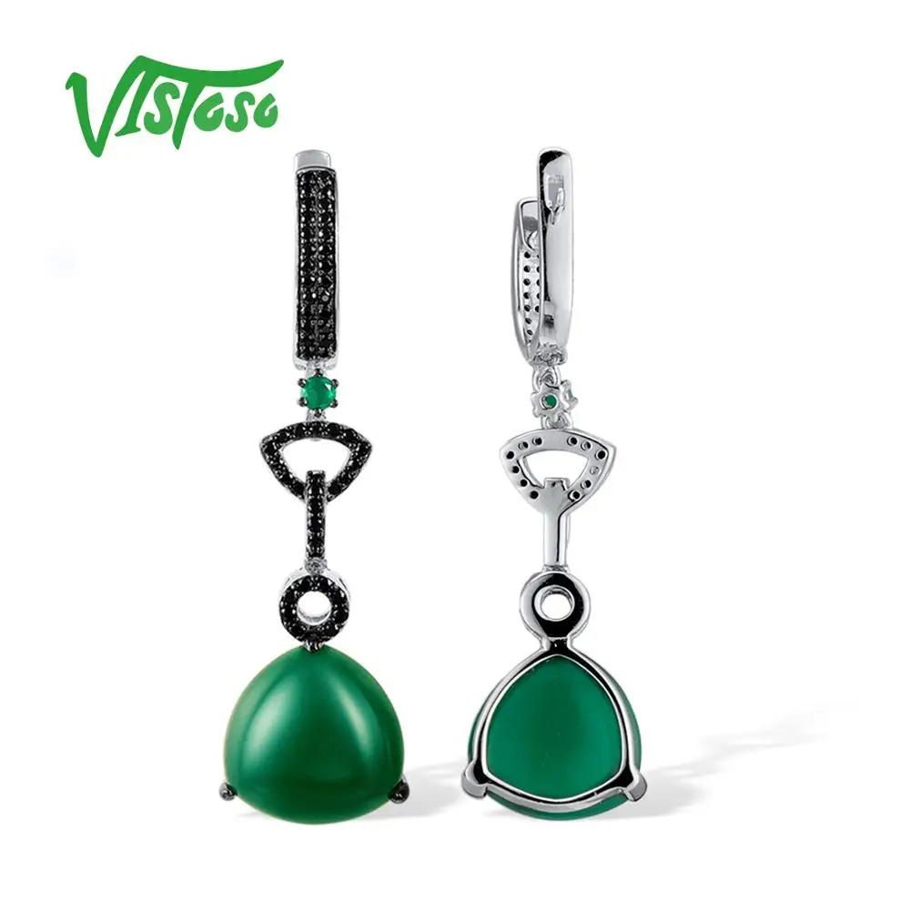 VISTOSO 925 висячие серьги из серебра пробы ювелирные круглые крашеные зеленый агат