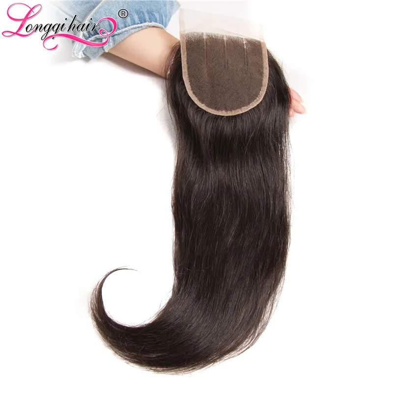 Longqi hair компании малазийские прямые волосы Кружева Закрытие средний//три части 4x4 руки связали Волосы remy человеческие волосы
