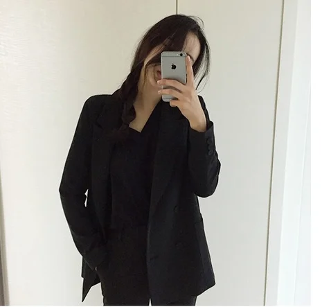 2018 Весна и Осень Новый корейский двубортный костюм куртка + Высокая талия