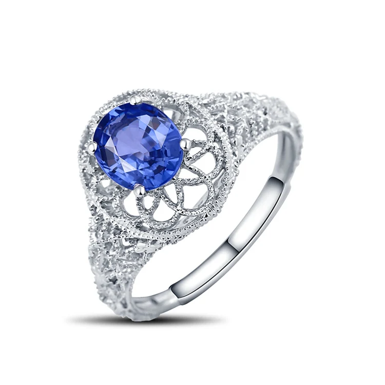 Helon SOLID 18 К белого золота филигрань драгоценных камней Для женщин jewelry кольцо 8x6 мм овальным вырезом Сапфир Книги по искусству деко обручение Свадьба Изысканные кольца