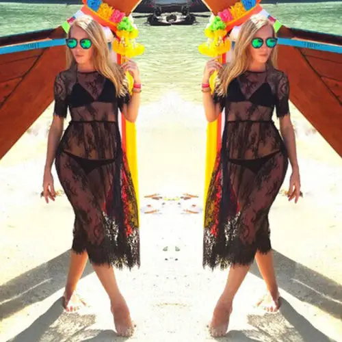 

S Womens Sexy Lace Bathing Suit Cover Up Beach Long Blouse