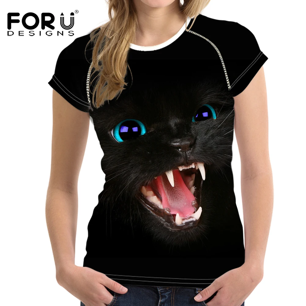 Футболка FORUDESIGNS женские топы рубашки 3D черная кошка одежда для девочек