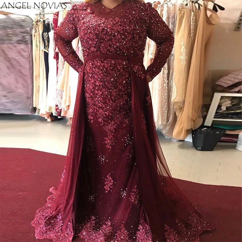 Женское вечернее платье с длинным рукавом ANGEL NOVIAS Бордовое кристаллами