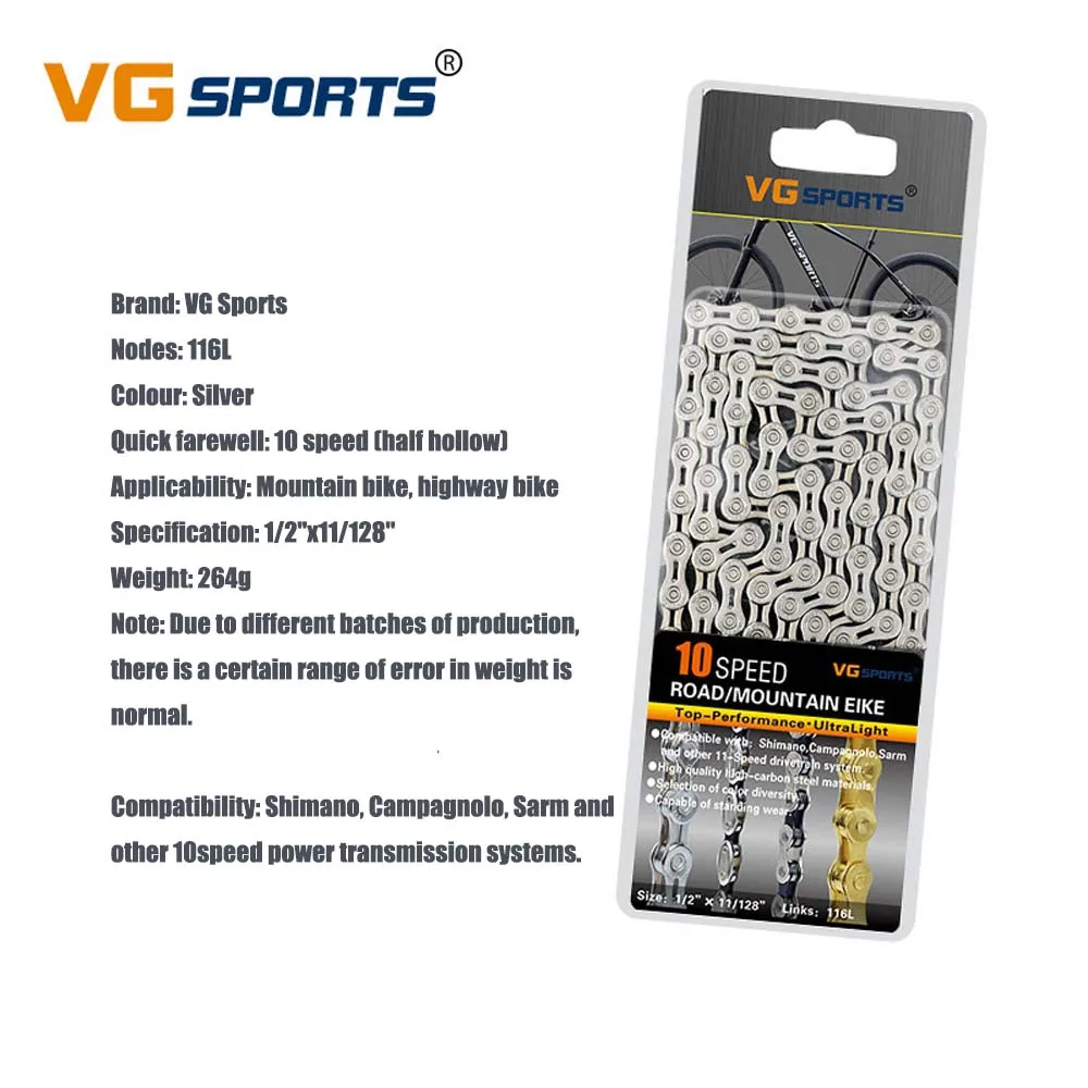 10Half-Hollow Silver MTB Bicycle Chain 8 9 10 11 Speed Road Bike Full Hollow Chain Mountain Bike Half Hollow Chain Golden Silver Colour VG Sports - Цвет: 10Half-Hollow Silver