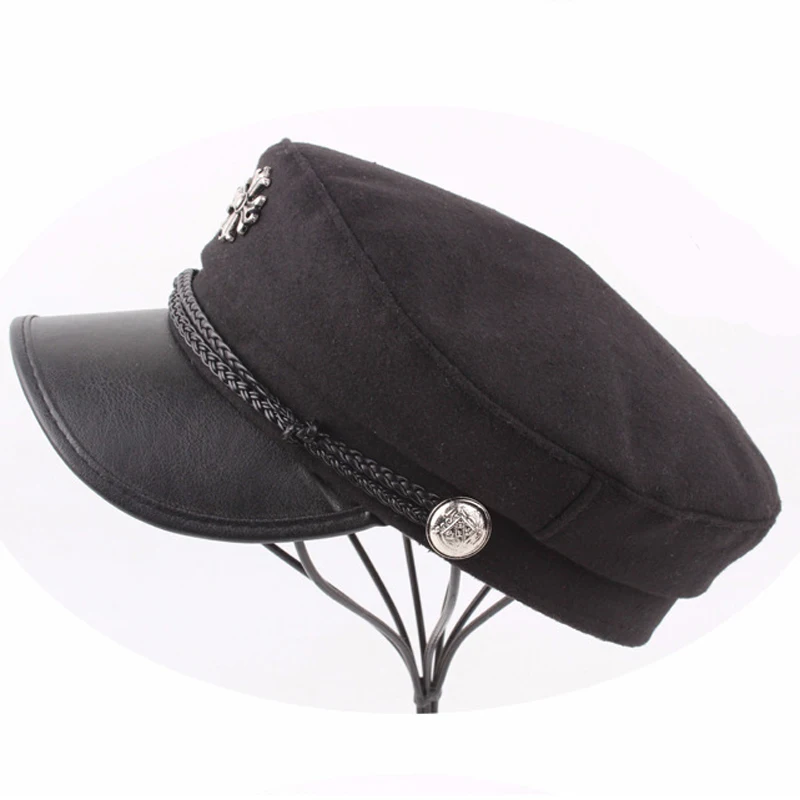 

PCFDDR Female Beret Fashion Wool Fabric Cross PU Navy Cap.