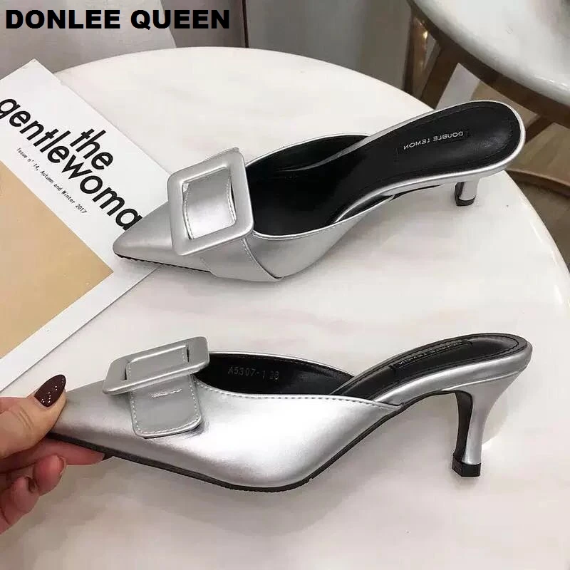 Женские босоножки на высоких каблуках с пряжкой и мюли сексуальный острый носок