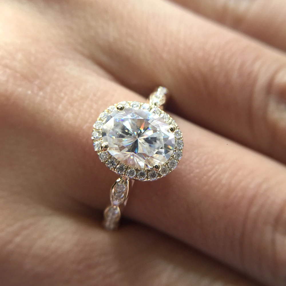 14K желтое золото Halo Moissanite кольцо 7x9 мм 2.0ct карат Овальный Ограненный бриллиант, муассанит обручальное кольцо для женщин