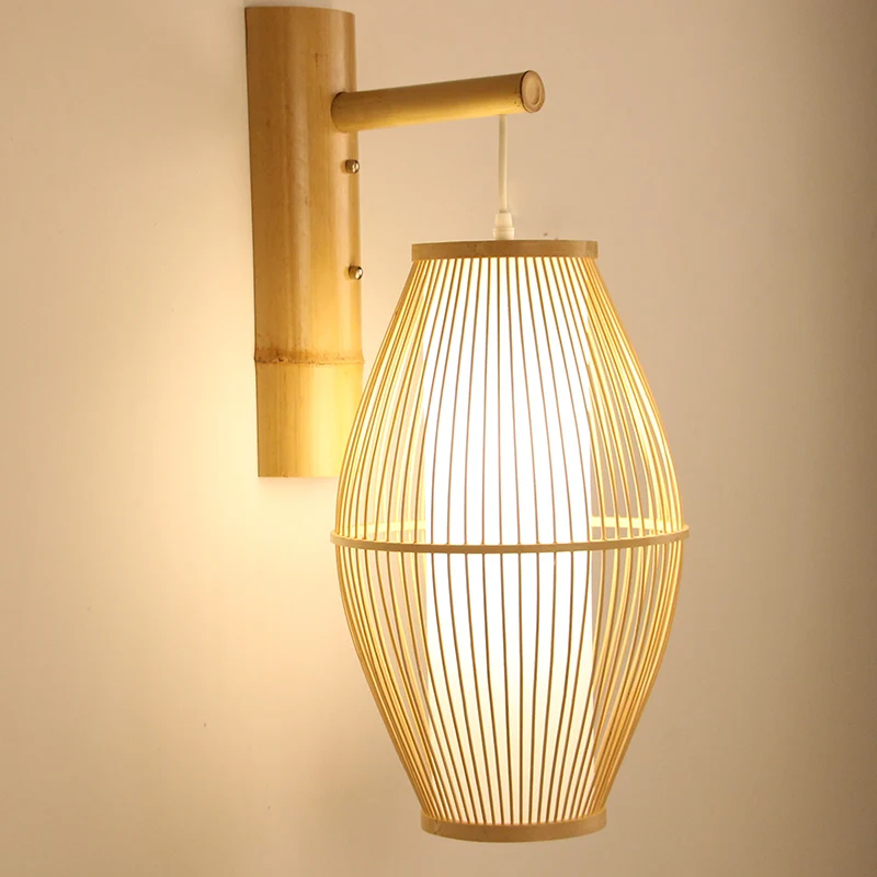 

Bamboo Wicker Rattan Lantern Shade Wall Lamp Fixture Rustic Country Asian Japanese Sconce Light Home Bedroom Living Room Hallway