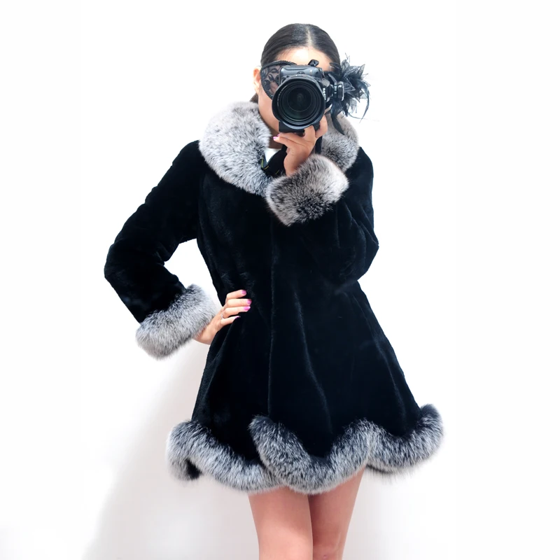 

MLHXFUR 78cm Long Silver Fox Fur Collar Coats Black Rex Rabbit Fur Outwear Parka Garment Overcoat Topcoat Dress Coat Plus